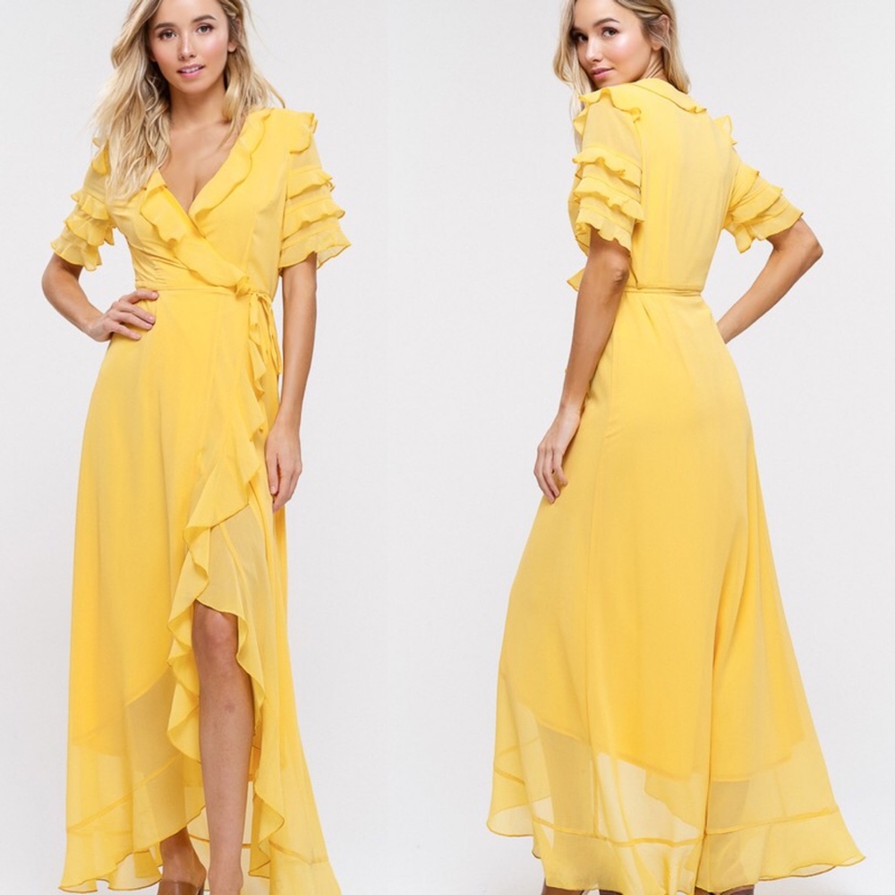 021 Boho Mustard yellow Ruffle Wrap Maxi Dress - Picture 3 of 4